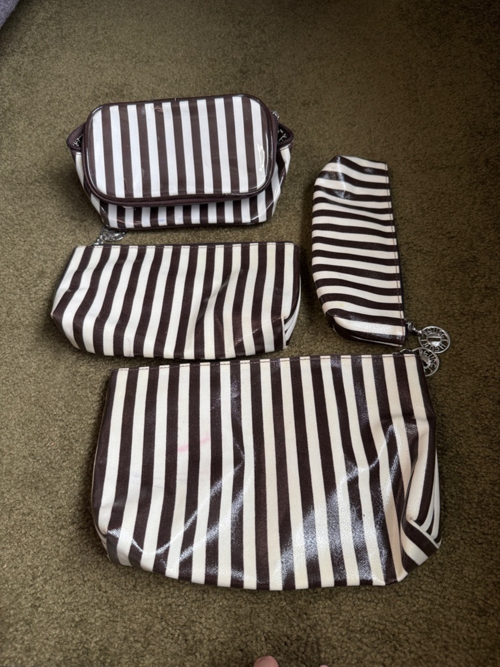 henri bendel Brown and White Striped Cosmetic Pouch Set